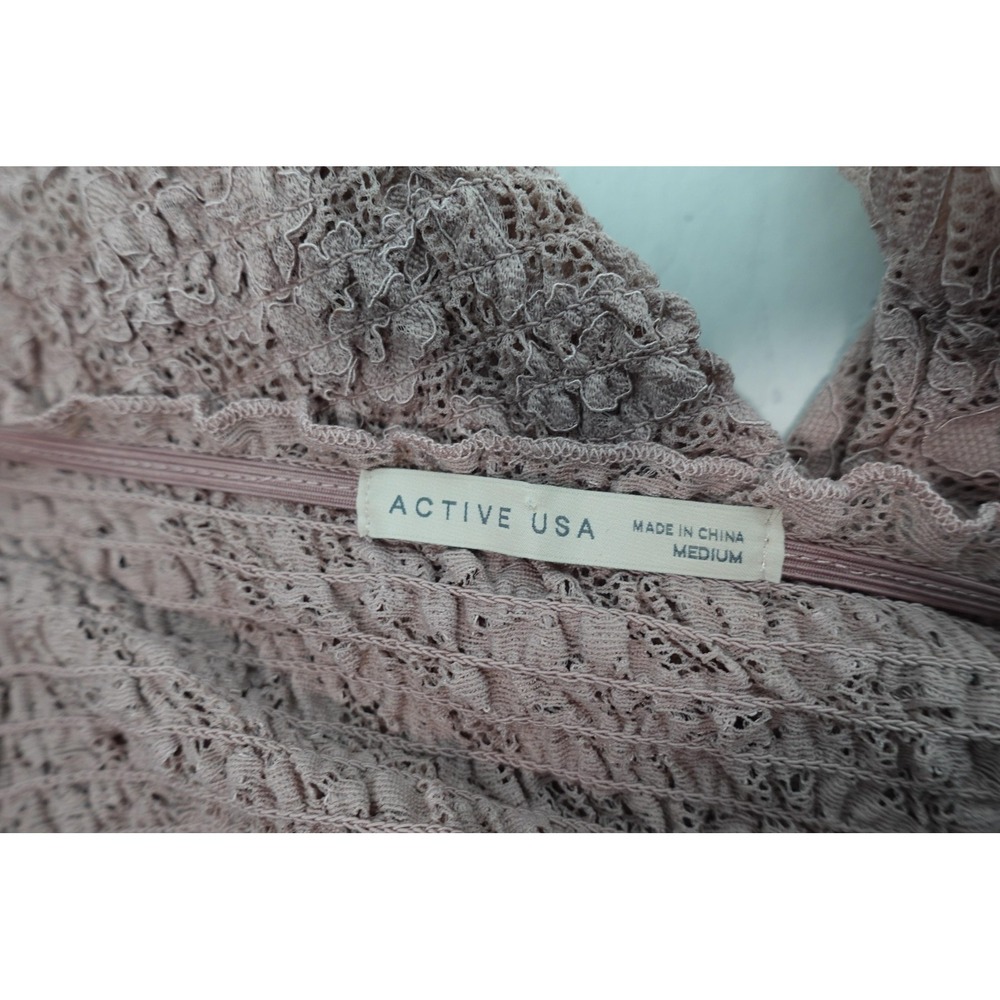 Active USA Blouse Womens Medium Pink Lace Puff Sleeve Square Neck Crop Top - Picture 4 of 9